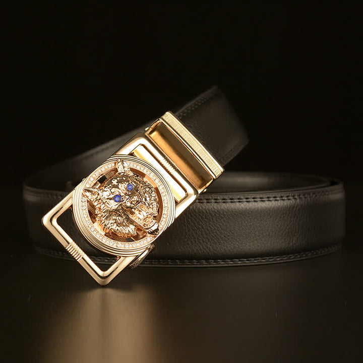 Men's Wolf Head Rhinestone Automatic Buckle Leather Belt - image 2