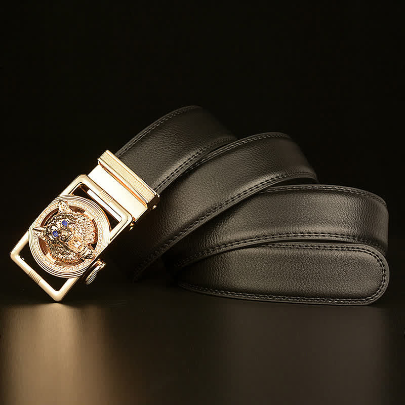 Men's Wolf Head Rhinestone Automatic Buckle Leather Belt - image 4