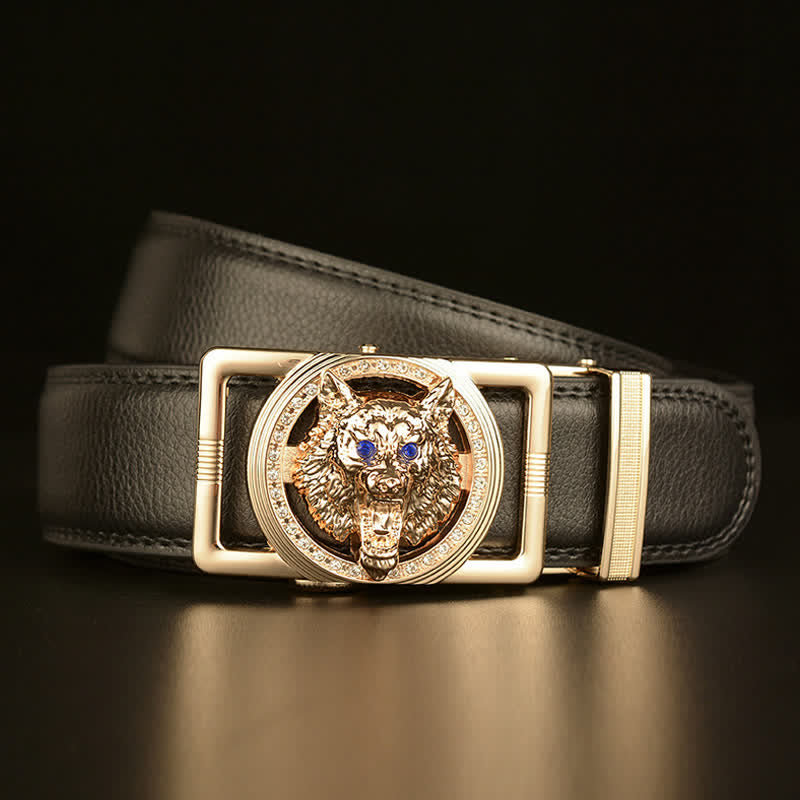 Men's Wolf Head Rhinestone Automatic Buckle Leather Belt - image 3