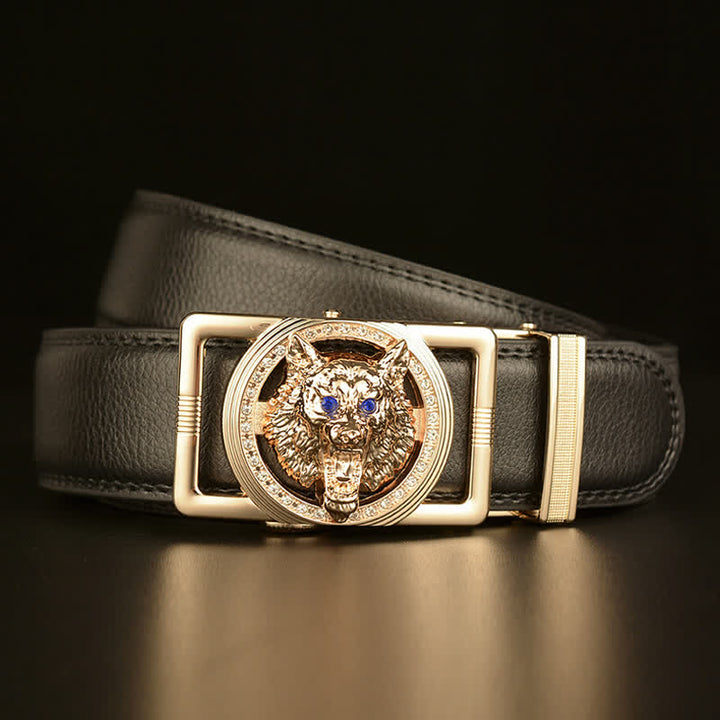 Men's Wolf Head Rhinestone Automatic Buckle Leather Belt - image 3