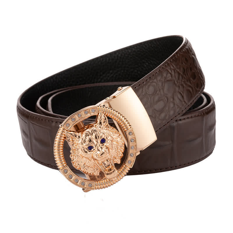Men's Round Wolf Rhinestone Automatic Buckle Leather Belt - Gold / Coffee - 44 - image 10