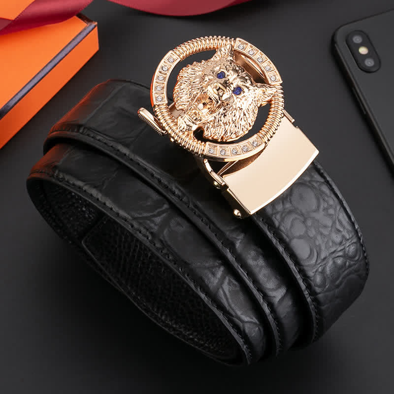 Men's Round Wolf Rhinestone Automatic Buckle Leather Belt - image 2