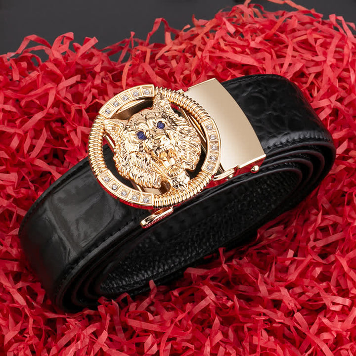 Men's Round Wolf Rhinestone Automatic Buckle Leather Belt - image 3