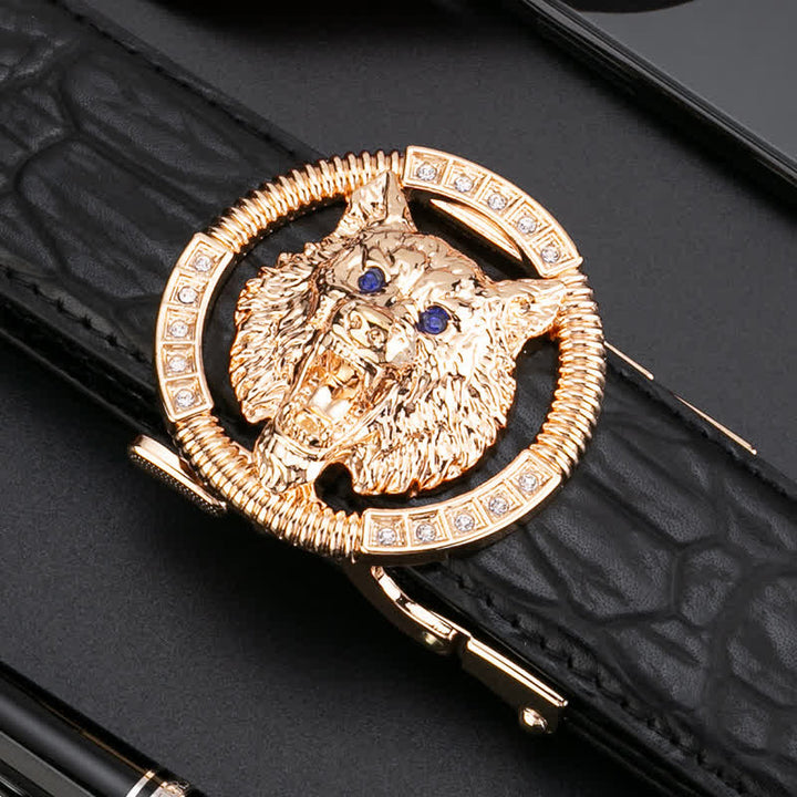 Men's Round Wolf Rhinestone Automatic Buckle Leather Belt - image 5