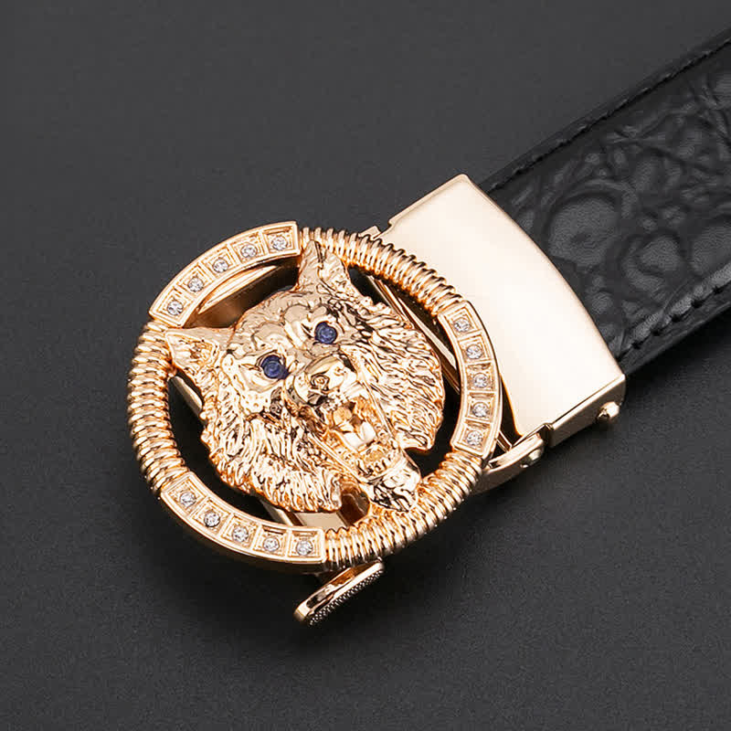 Men's Round Wolf Rhinestone Automatic Buckle Leather Belt - image 4