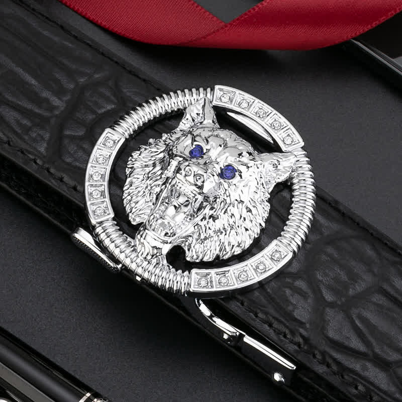 Men's Round Wolf Rhinestone Automatic Buckle Leather Belt - Silver / Black - 44 - image 9