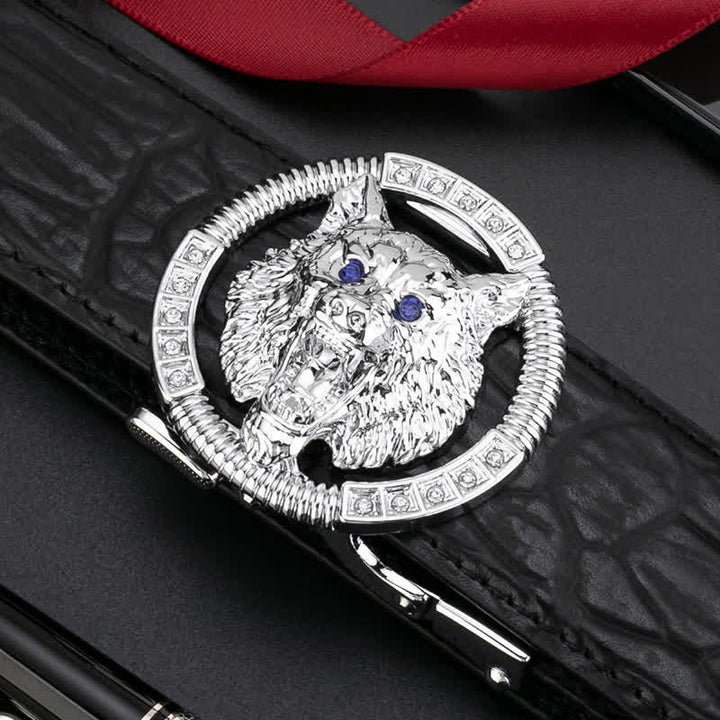 Men's Round Wolf Rhinestone Automatic Buckle Leather Belt - Silver / Black - 44 - image 9