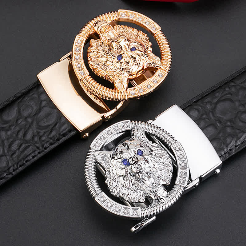 Men's Round Wolf Rhinestone Automatic Buckle Leather Belt - image 8