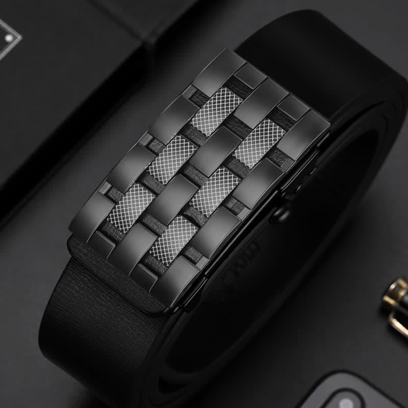 Men's Rectangular Grid Automatic Buckle Leather Belt - image 3