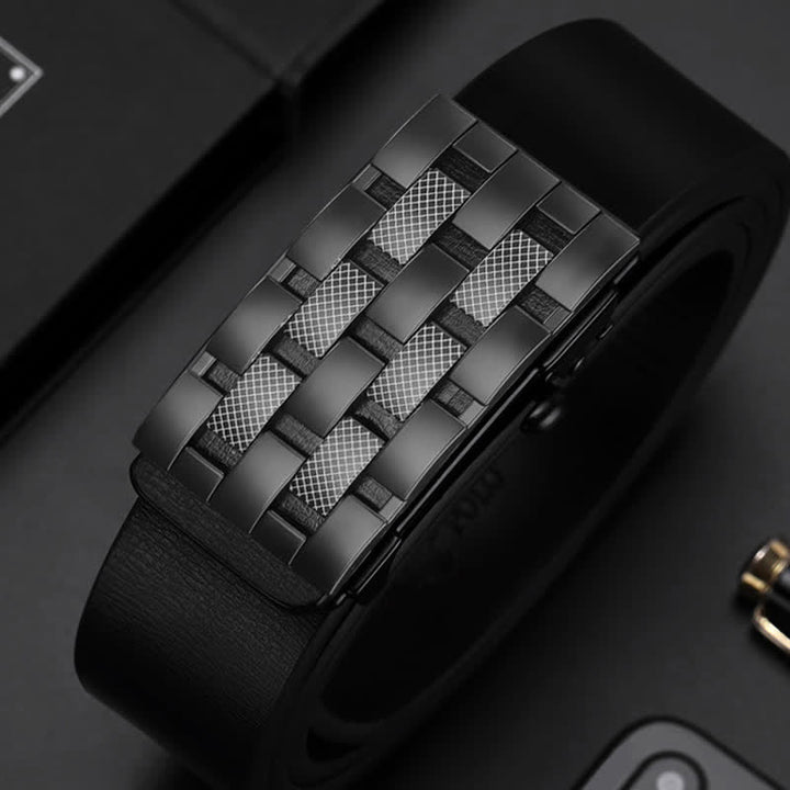 Men's Rectangular Grid Automatic Buckle Leather Belt - image 3