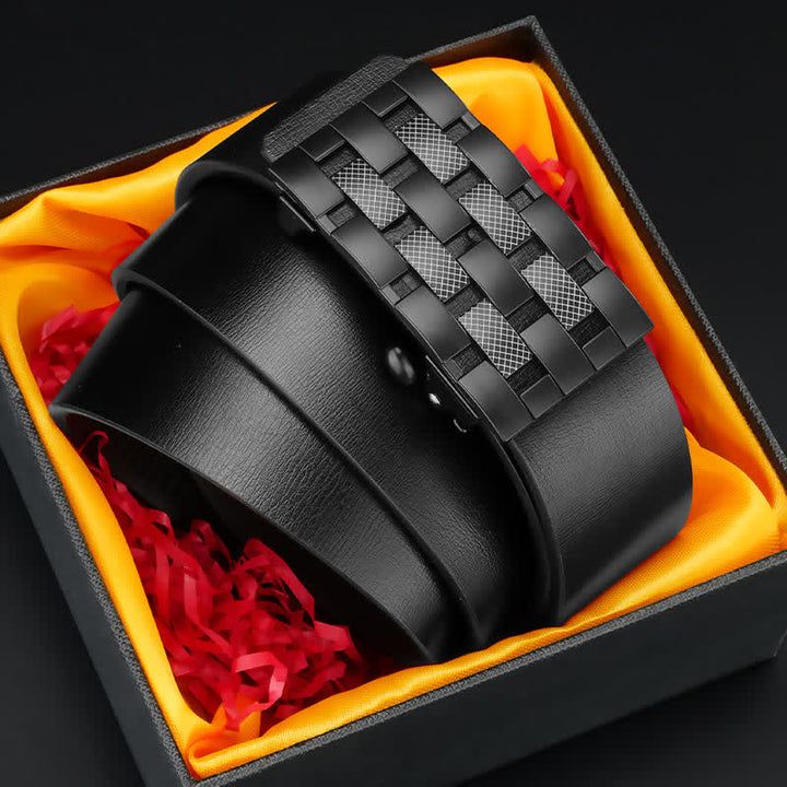 Men's Rectangular Grid Automatic Buckle Leather Belt - image 2