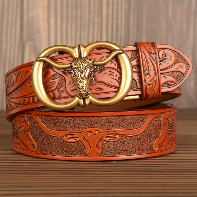 Men's Double Ring Bull Automatic Buckle Leather Belt - Orange / Gold - 46 - image 19