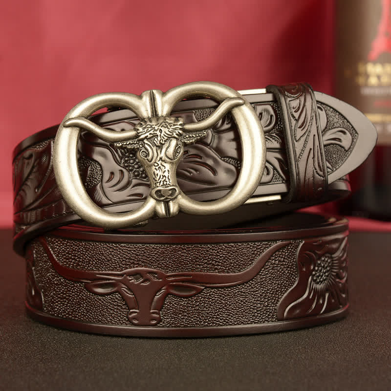 Men's Double Ring Bull Automatic Buckle Leather Belt - Brown / Silver - 46 - image 18