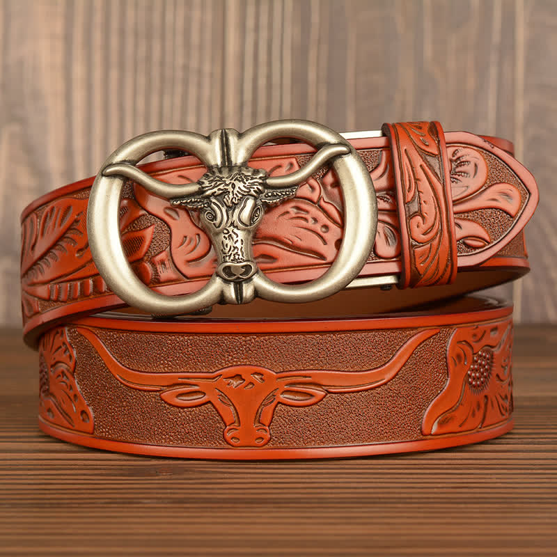 Men's Double Ring Bull Automatic Buckle Leather Belt - Orange / Silver - 46 - image 20