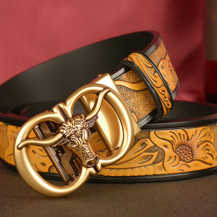 Men's Double Ring Bull Automatic Buckle Leather Belt - image 4