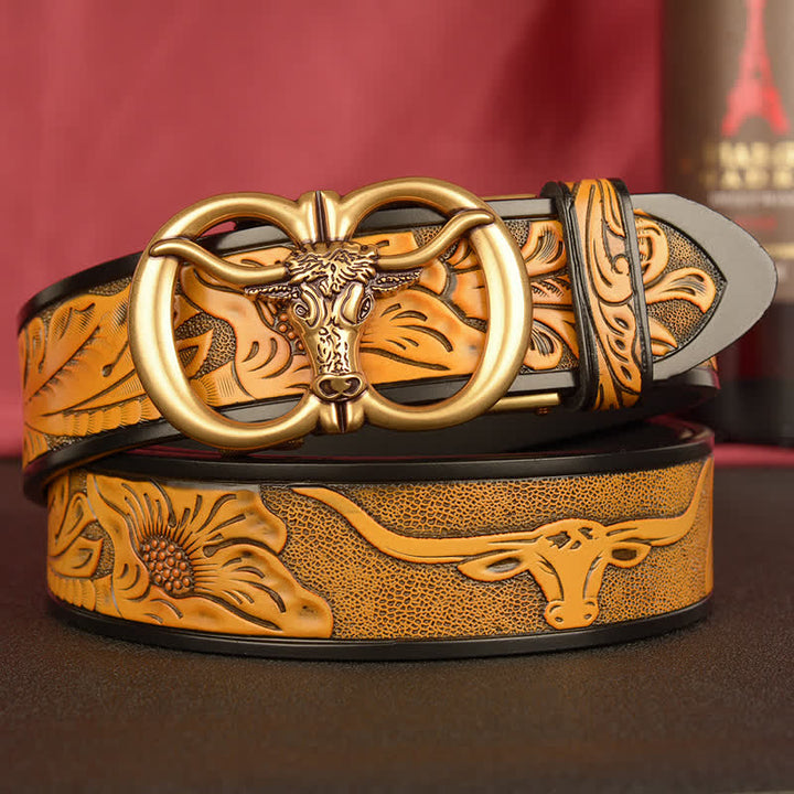 Men's Double Ring Bull Automatic Buckle Leather Belt - Sandy Brown / Gold - 46 - image 0