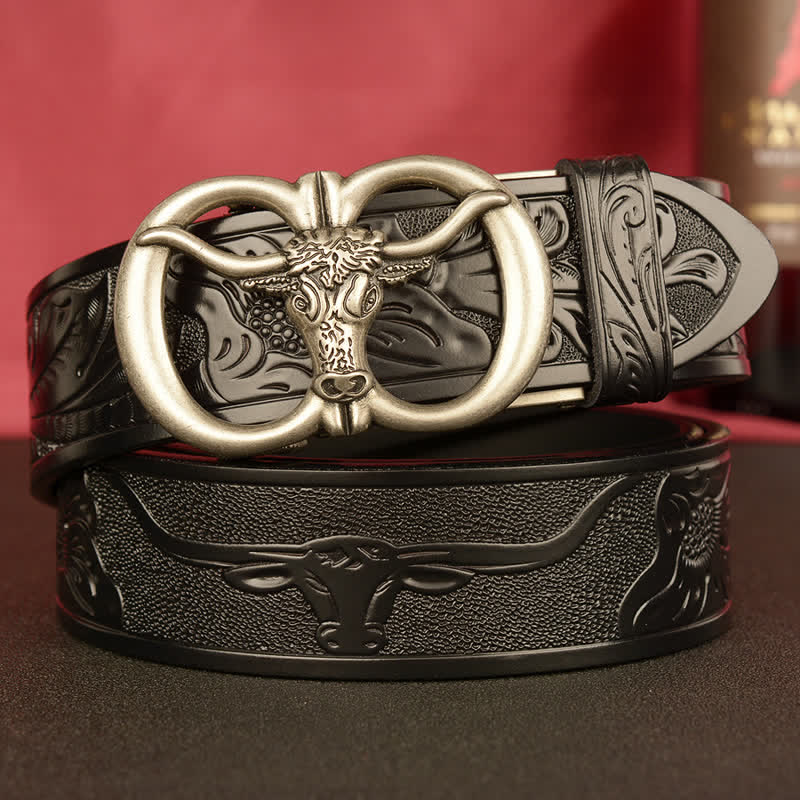 Men's Double Ring Bull Automatic Buckle Leather Belt - Black / Silver - 46 - image 14