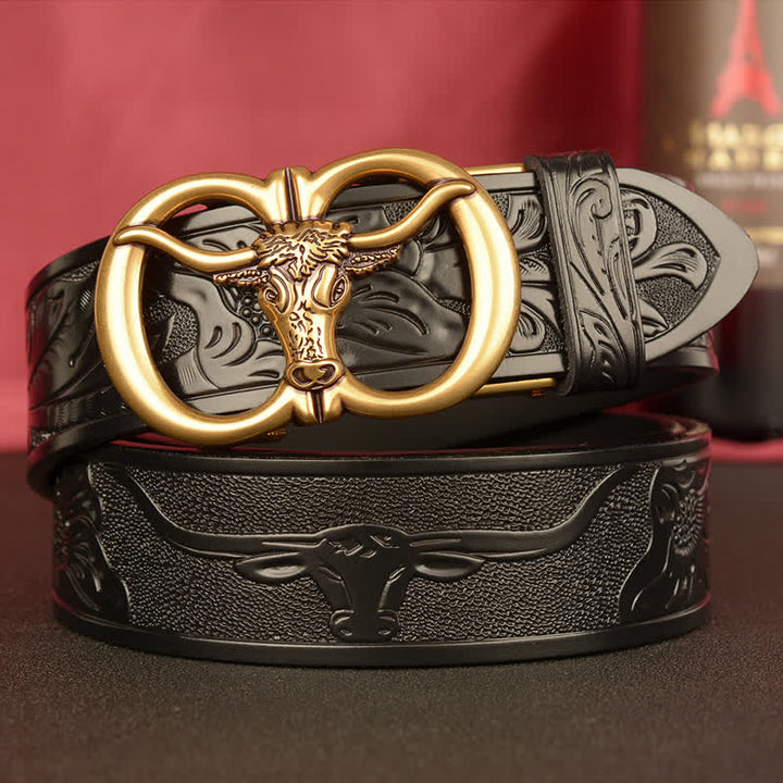 Men's Double Ring Bull Automatic Buckle Leather Belt - Black / Gold - 46 - image 12