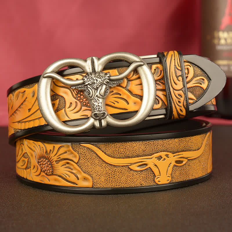 Men's Double Ring Bull Automatic Buckle Leather Belt - Sandy Brown / Silver - 46 - image 11