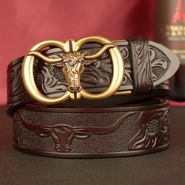 Men's Double Ring Bull Automatic Buckle Leather Belt - Brown / Gold - 46 - image 16