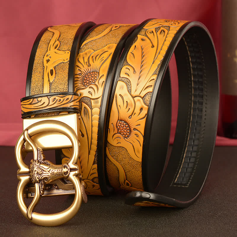 Men's Double Ring Bull Automatic Buckle Leather Belt - image 1