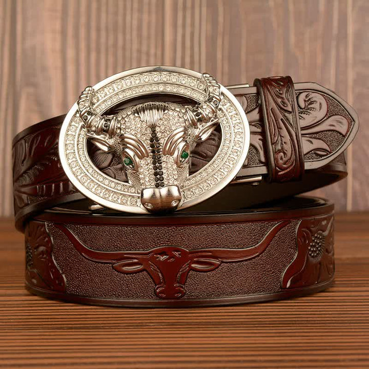 Men's Shinning Rhinestone Bull Automatic Buckle Leather Belt - Brown / Silver - 46 - image 5
