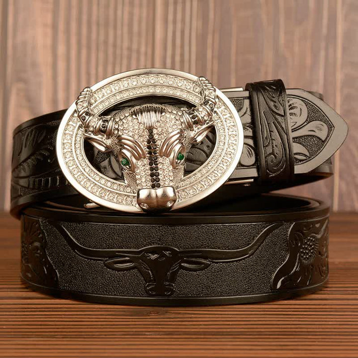Men's Shinning Rhinestone Bull Automatic Buckle Leather Belt - Black / Silver - 46 - image 9