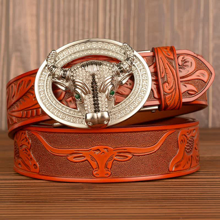Men's Shinning Rhinestone Bull Automatic Buckle Leather Belt - Orange / Silver - 46 - image 12