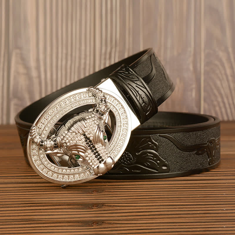 Men's Shinning Rhinestone Bull Automatic Buckle Leather Belt - image 11