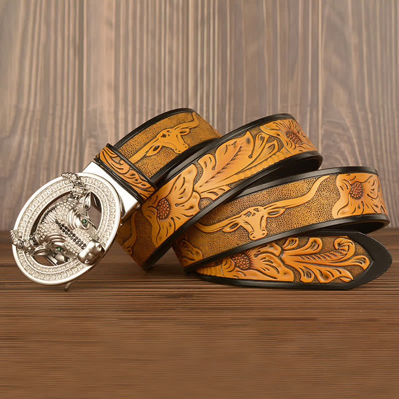 Men's Shinning Rhinestone Bull Automatic Buckle Leather Belt - image 1