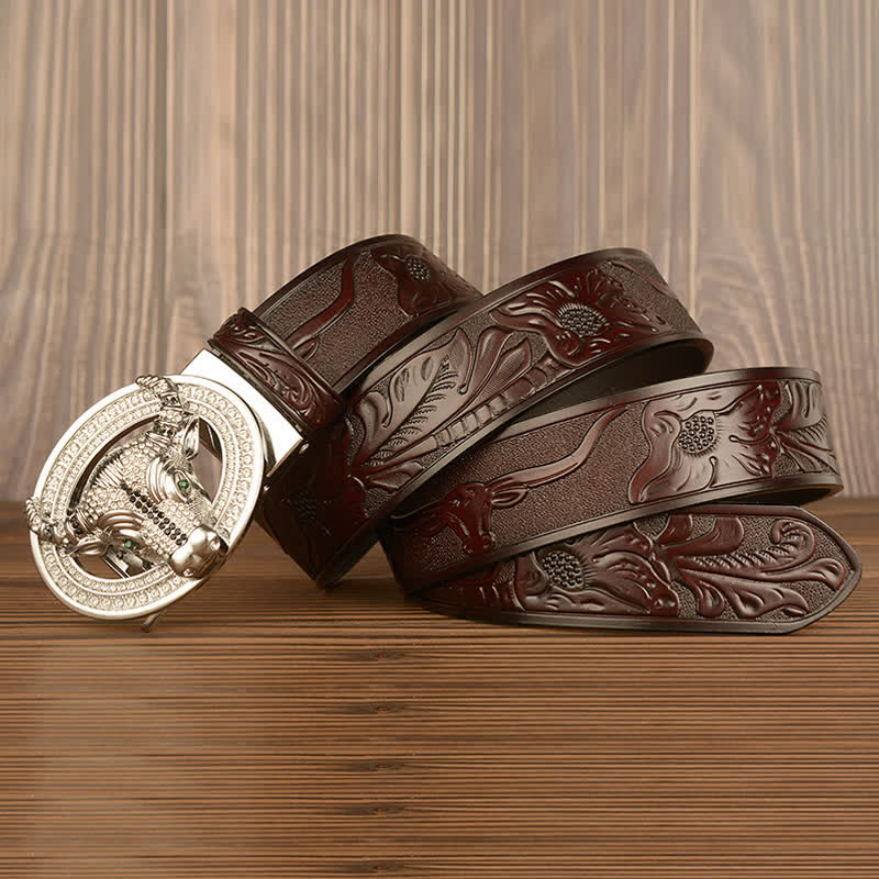 Men's Shinning Rhinestone Bull Automatic Buckle Leather Belt - image 6