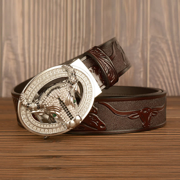 Men's Shinning Rhinestone Bull Automatic Buckle Leather Belt - image 7