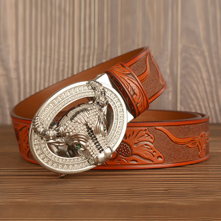 Men's Shinning Rhinestone Bull Automatic Buckle Leather Belt - image 14