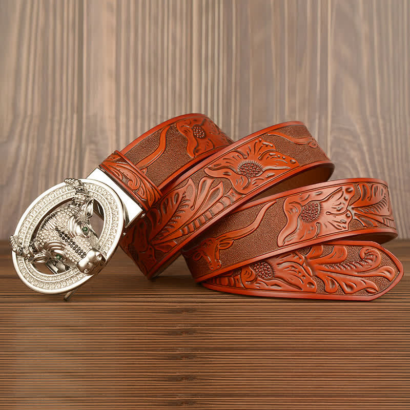 Men's Shinning Rhinestone Bull Automatic Buckle Leather Belt - image 13