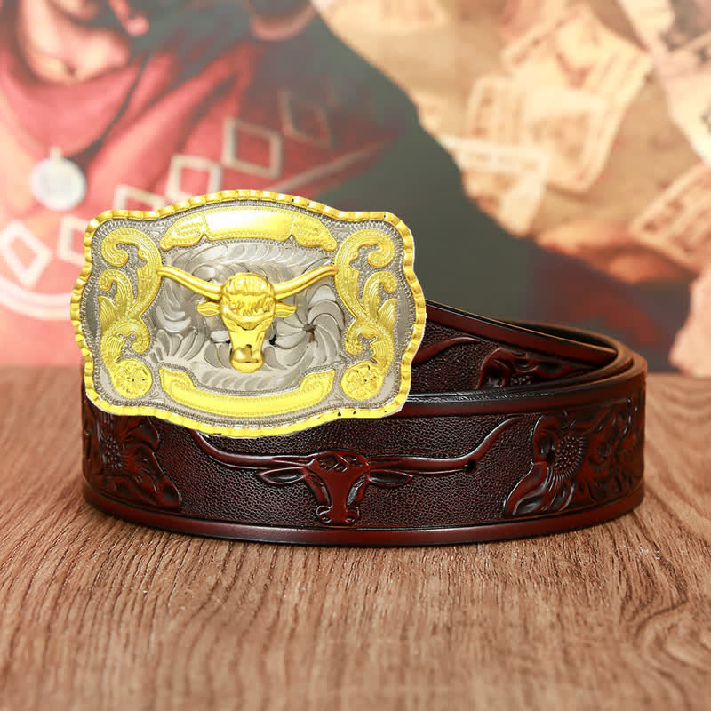 Men's Gold Bull Fighting Attitude Leather Belt - Coffee - 46 - image 2