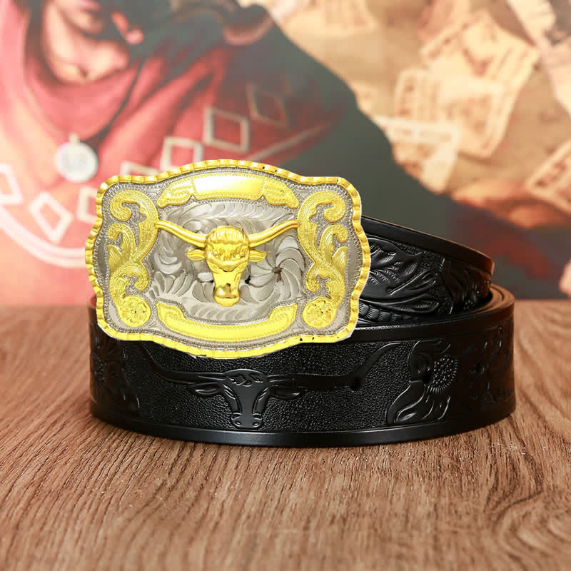 Men's Gold Bull Fighting Attitude Leather Belt - Black - 46 - image 1