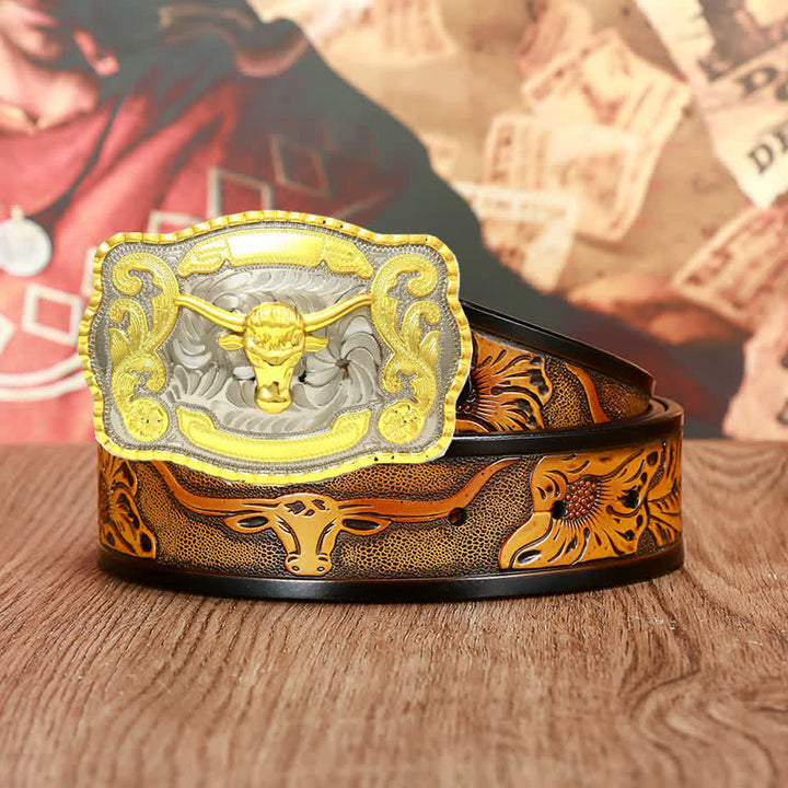 Men's Gold Bull Fighting Attitude Leather Belt - Sandy Brown - 46 - image 0