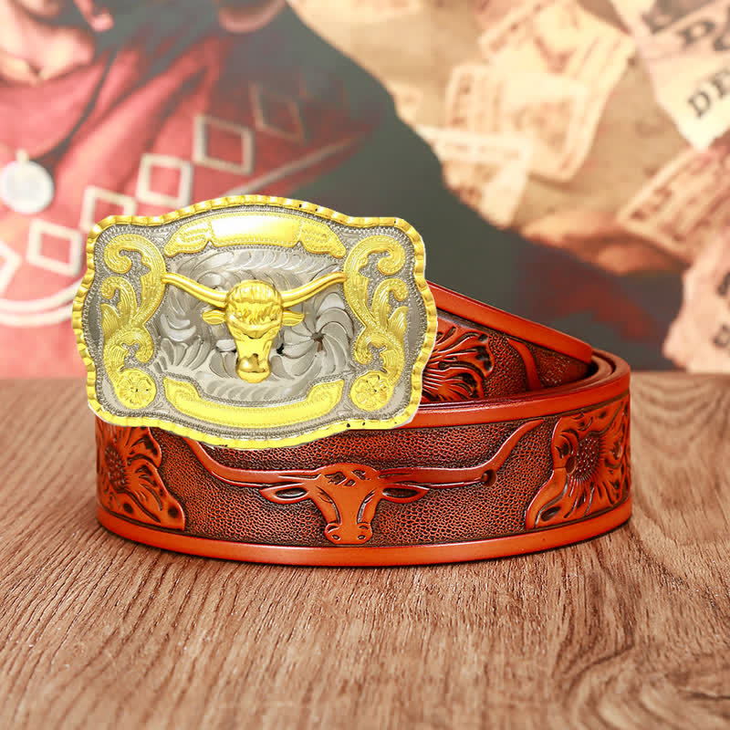 Men's Gold Bull Fighting Attitude Leather Belt - Orange - 46 - image 3