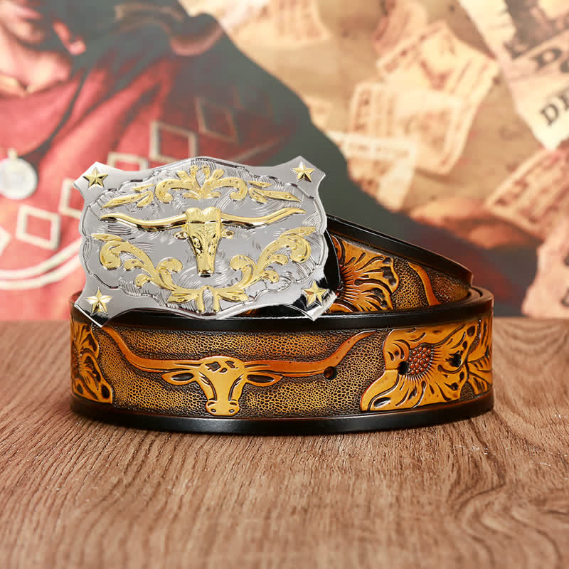 Men's Silver & Gold 3D Bull Head Animal Leather Belt - Black - 46 - image 1