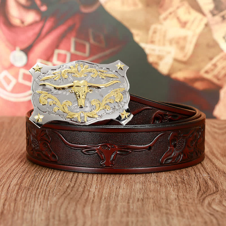Men's Silver & Gold 3D Bull Head Animal Leather Belt - Coffee - 46 - image 2