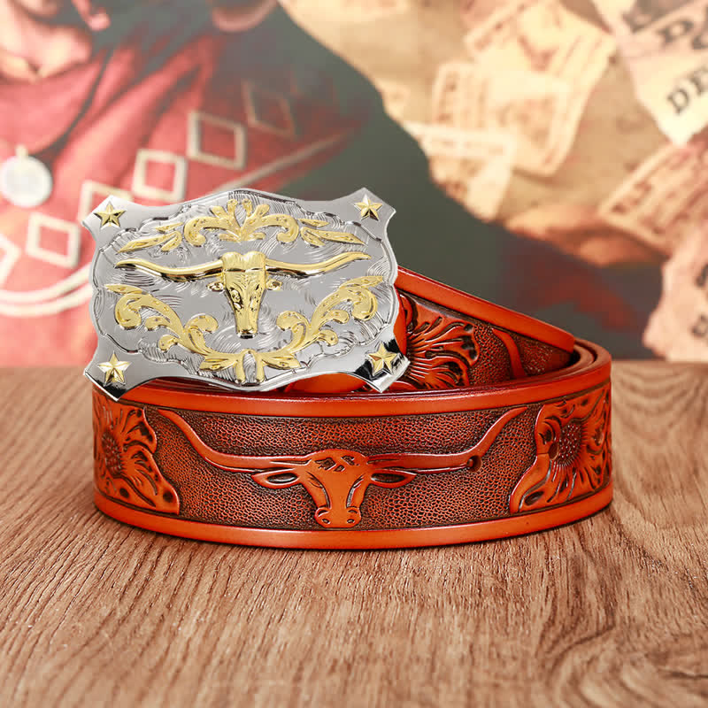 Men's Silver & Gold 3D Bull Head Animal Leather Belt - Orange - 46 - image 3