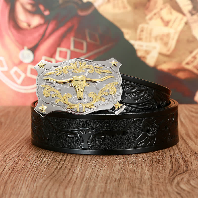 Men's Silver & Gold 3D Bull Head Animal Leather Belt - Black - 46 - image 1