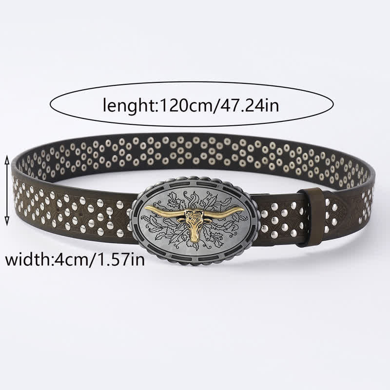 Men's Silver Bull Head Rivets Decors Leather Belt - image 3