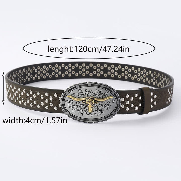 Men's Silver Bull Head Rivets Decors Leather Belt - image 3