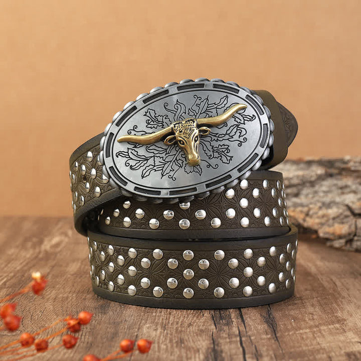 Men's Silver Bull Head Rivets Decors Leather Belt - Coffee - 40 - image 0