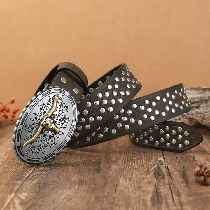 Men's Silver Bull Head Rivets Decors Leather Belt - image 2