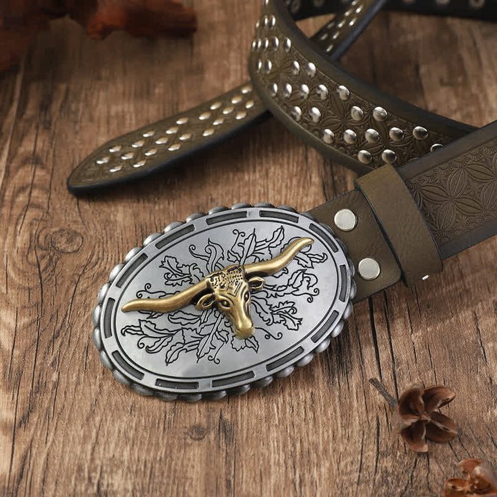 Men's Silver Bull Head Rivets Decors Leather Belt - image 1
