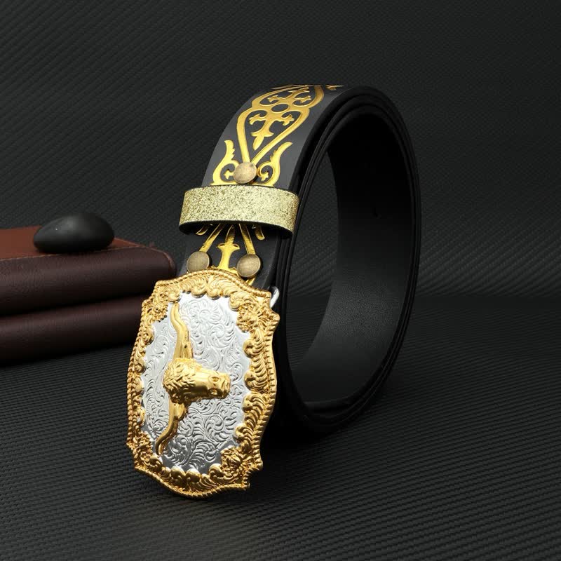 Men's Bull Bronzing Floral Embossed Print Leather Belt - image 1