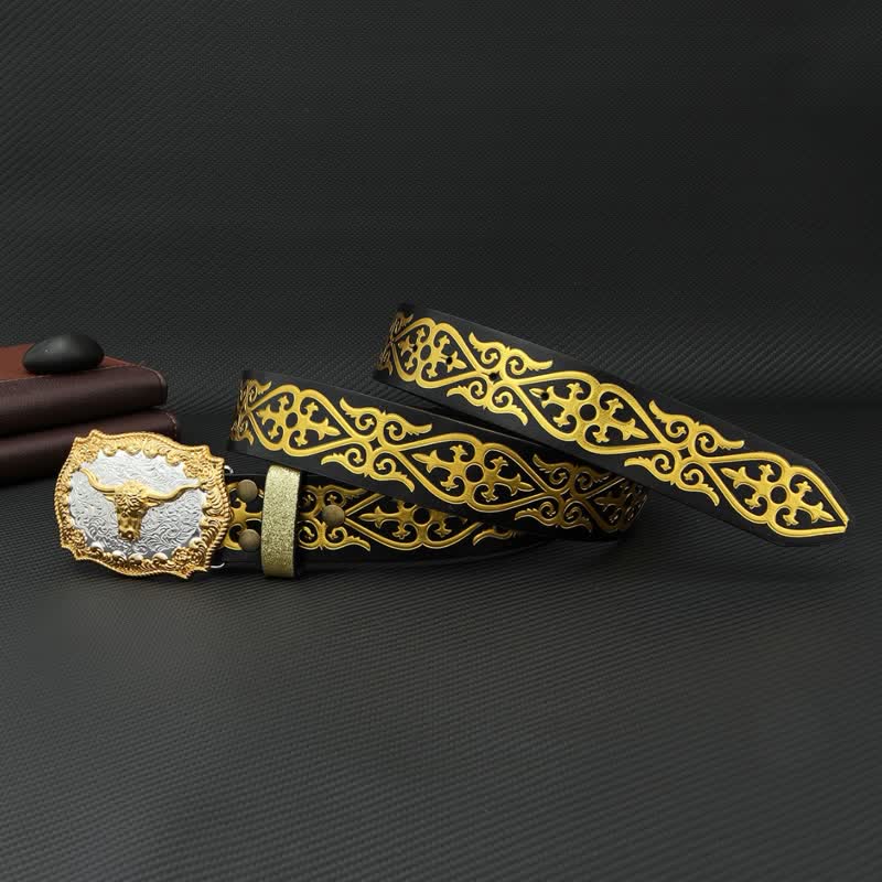 Men's Bull Bronzing Floral Embossed Print Leather Belt - image 2