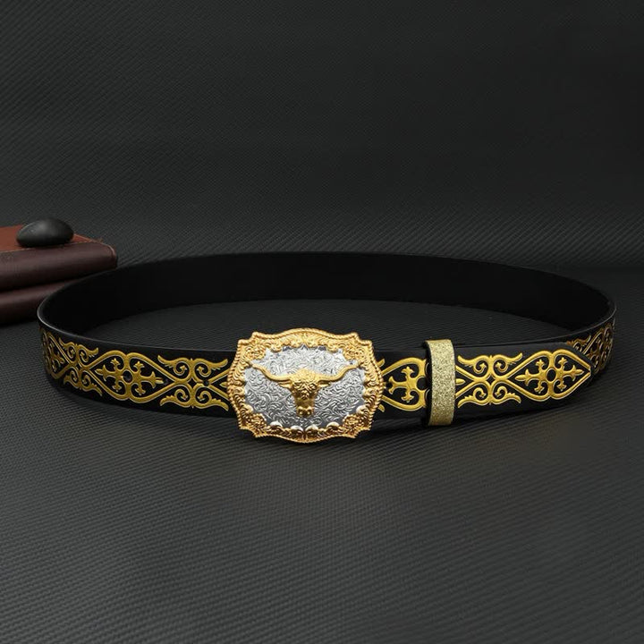 Men's Bull Bronzing Floral Embossed Print Leather Belt - image 3